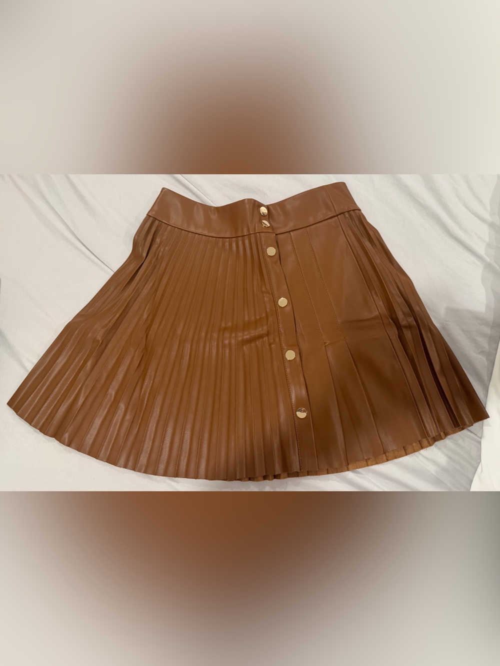 Zara Pleated Faux Leather Skirt in Cognac Brown with Gold Buttons